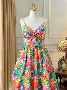 Celure Flowers Birds Plus Size Women's Floral Print Vacation Strap Dress Tropical Colorblock Floral Print Boho Fashionable Style For Summer - Mint Green - View 6