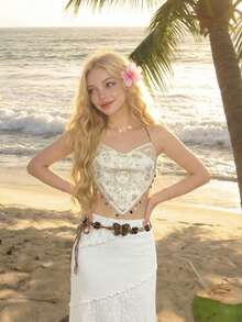 SHEIN MOD Cream Satin Fabric Top, Gold Zodiac Print, Silky Smooth Texture, Adjustable Thin Straps, Triangle Handkerchief Hem, Delicate Lace Trim, Dangling Shell And Bead Embellishments, Lightweight Material, Breathable Fabric, Fitted Style, Celestial Theme, Soft Drape, Shiny Finish, Feminine Design, Flattering Neckline, Comfortable Wear, Elegant Detailing, Bohemian Influence, Intricate Pattern, Subtle Sheen. - Apricot - View 1