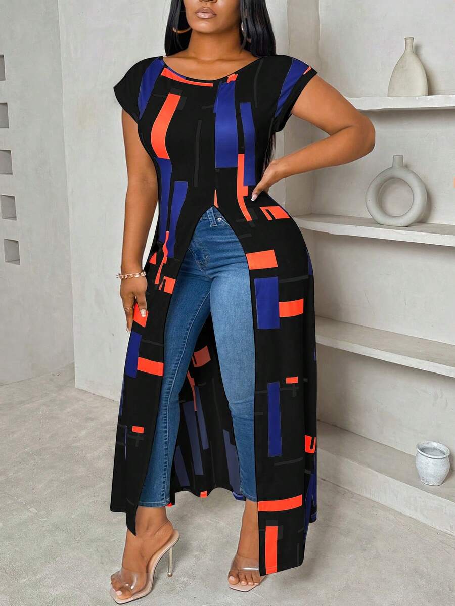 Plus Size Women Boat Neck Geometric Patchwork Decor Cinched Waist Split Hem Casual Work T-Shirt - Black - View 1
