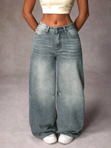 SHEIN ICON Women's Casual Wide Leg Jeans With Pockets - Blue - View 2