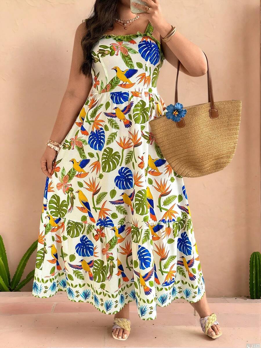 Ceyna Plus Size Women's Sleeveless Square Neck Tropical Parrot Print Dress, Elegant & Casual Vacation Dress Women Vacation Dress Women Sundress Women's Summer Dresses Women's Summer Outfits Women Sun Dress Women Casual Dresses Women's Spring Dress Casual Summer Dresses For Women Tropical Print Maxi Dress Resort Wear Women Vacation Dress Bird Print Dress - Multicolor - View 1