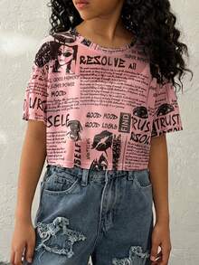 Coolane Kids Tween Girls Spring/Summer Newspaper Print Mesh Crop Short Sleeve Top - Pink - View 5
