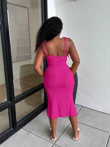 Alexandranx Tie Front Ruched Bust Tie Shoulder Cami Dress - Hot Pink - View 3
