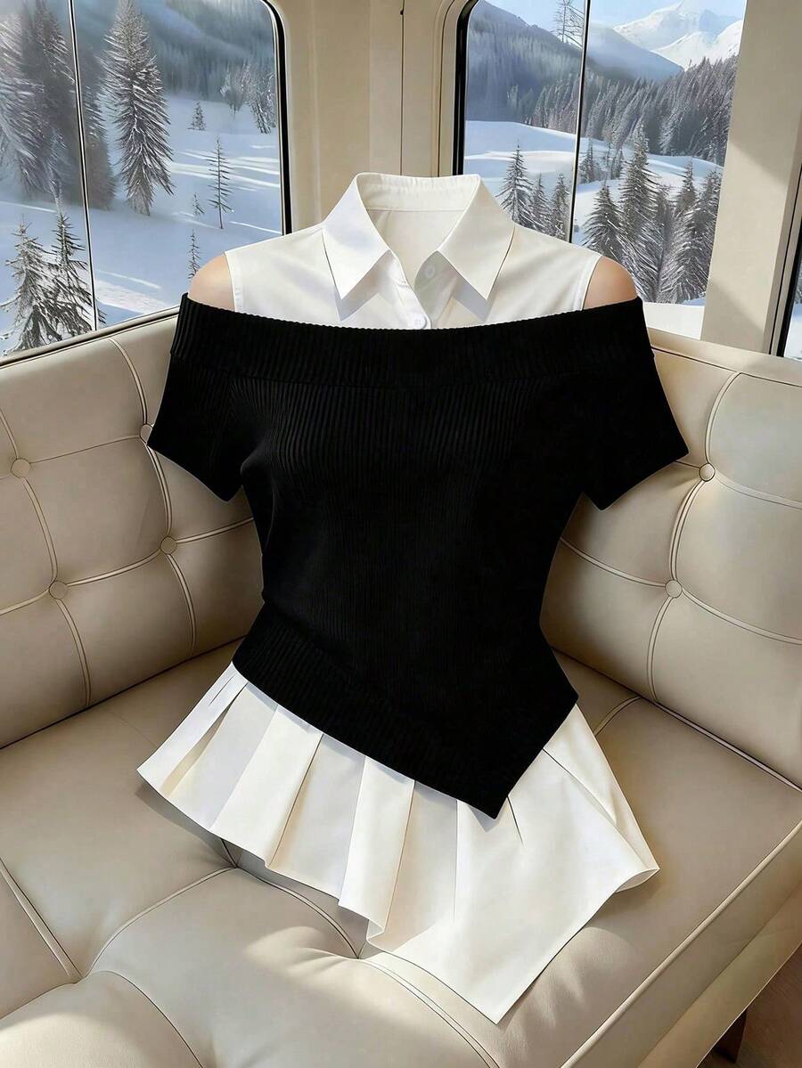 SHEIN Franclia 女士撞色不对称下摆休闲T恤 - 黑與白 - 查看 1