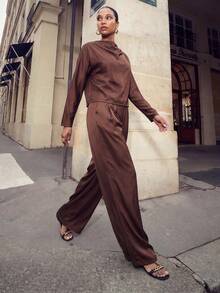 Zivah Coffee Brown Set Elegant Women's Set  The New Autumn And Winter Wedding Season New Year Valentine's Day Collection Is Suitable For Daily Dates, Commutes, Business, Ladylike, Elegant, Cruise Parties, Simplicity, Popular Online , Birthday Banquets, High-End Parties, Office Wear, Batsleeve Long-Sleeved, Pleated Collar, Loose Top, Pullover + Wide-Leg Pants, Long Pants, Brown Satin Shiny Women's Two Pieces Set Brown Two Piece Set - Brown - View 4