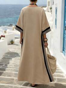 Breezaya Đầm Kaftan tay raglan cổ chữ V in sọc, có túi, dáng rộng, thích hợp cho nữ đi làm, kỳ nghỉ lãng mạn, đi biển, hoạt động ngoài trời, du lịch giải trí. Đầm Kaftan mùa hè, trang phục nghỉ dưỡng, đầm đi nghỉ mát, đầm thường ngày cho nữ, đầm mùa hè, trang phục mùa hè cho nữ, đầm đi biển, đầm dáng rộng cho nữ, đầm Zanea cho nữ, trang phục đi biển mùa hè ở Hy Lạp, đầm đi biển mùa hè cho nữ, đầm Kaftan mùa hè đi biển. - Màu be - Xem 3