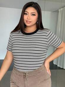 Dazy Petite Plus 撞色条纹短袖T恤，棕色，春夏款 - 黑與白 - 查看 3