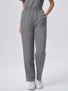 Scrubzie Set Seragam Scrub Wanita Atasan dan Celana Lengan Pendek Kerah Mandarin Anti Kerut dengan Banyak Kancing - Dark Grey - View 4