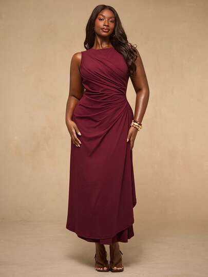 SHEIN BAE Plus Size Women's Elegant Pleated Dress, Autumn/Winter Cream Dresses For Women Long Sleeve Elegant Dress Ivory Dresses For Women Draped Dress Beige Dress,Women's Asymmetric Shoulder Pleated Beaded Contrast Color Asymmetrical Hem Bodycon Elegant Party Dress, Autumn/Winter,Fitted Sexy Party Dress Elegant,Birthday Parties, Back-To-School Season, Graduation Season, Work, Dates, Cocktail Dresses, Burgundy Elegant Maxi Dress Wedding Guest Dress