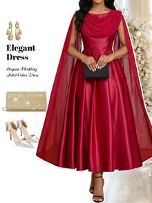 Fleurora Women's Solid Color Poncho Design Pleated Elegant Mid-Length Dress Red Elegant Dress Red Satin Dress Burgundy Bridesmaid Dress - Burgundy - View 3