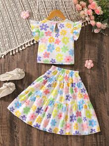 女童碎花印花方领荷叶袖T恤和迷你裙可爱套装 - 彩色 - 查看 2