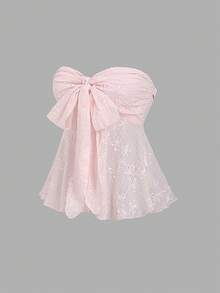 Sweetra Áo ống babydoll nữ mùa hè mới, màu trơn, chất liệu jacquard, xếp ly ở ngực và thắt nơ, thích hợp để đi chơi, dự tiệc sinh nhật. - Hồng - Xem 1