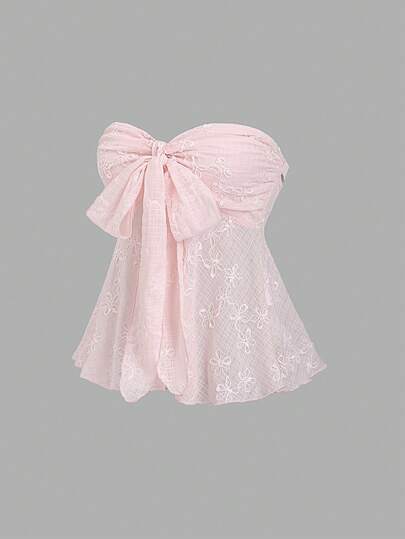Sweetra Women's Summer New Solid Color Jacquard Ruched Bust Bow Babydoll Tube Top, Suitable For Going Out, Birthday Party