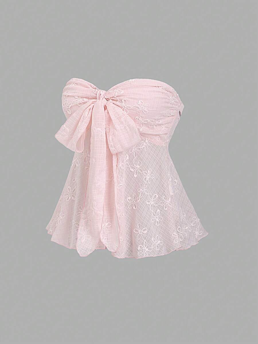 Sweetra Áo ống babydoll nữ mùa hè mới, màu trơn, chất liệu jacquard, xếp ly ở ngực và thắt nơ, thích hợp để đi chơi, dự tiệc sinh nhật. - Hồng - Xem 1