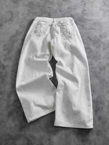 Manfinity ZONE917 Calça jeans masculina casual bordada, solta e de perna larga - Branco - Ver 1