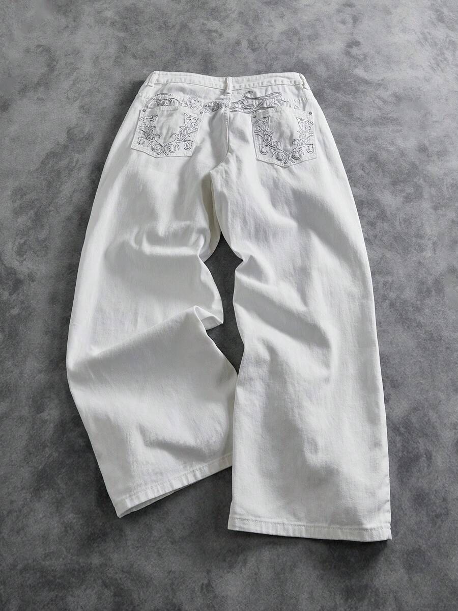 Manfinity ZONE917 Calça jeans masculina casual bordada, solta e de perna larga - Branco - Ver 1
