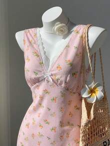 Comfortcana 2026 Nuevo Vestido Corto Floral de Mujer con Cuello en V sin Mangas, Encaje y Lazo para Primavera/Verano, Adecuado para Uso en Verano, También se Puede Usar como Atuendo de Primavera, Vestido para Fiesta de San Valentín, Vestido de Playa, Vestido de Invitada de Boda, Vestido Elegante, Vestido de Vacaciones, Vestido Casual y Vestido Floral con Estilo de los 2000. - Multicolor - Ver 2