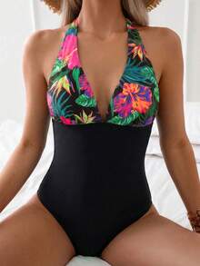 Swim Lushoire 2026 Spring/Summer Special Fabric Brown Halter Backless Pleated Deep V-Neck Fitted Elegant One-Piece Swimsuit For Women - Multicolor - View 3