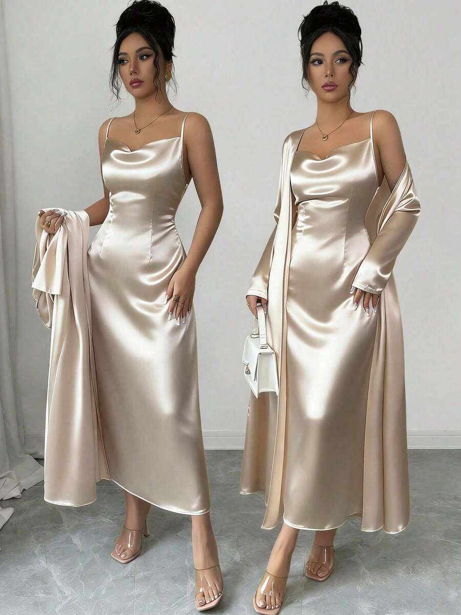 SHEIN Elenzya 女士优雅长袖开衫吊带裙套装（两件套），适合派对、家庭聚会、通勤和日常休闲穿着。 - 杏色 - 查看 1