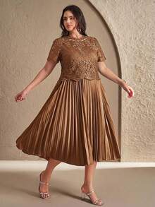 Reflora Vestido elegante de talla grande para mujer con parches, bordados y malla, con dobladillo plisado - Óxido marrón - Ver 7