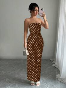 Rafferiza 女士优雅波点网纱褶皱腰部无肩带网纱连衣裙 - 咖啡棕 - 查看 3