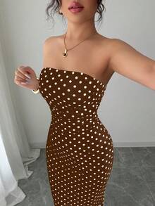 Rafferiza 女士优雅波点网纱褶皱腰部无肩带网纱连衣裙 - 咖啡棕 - 查看 7