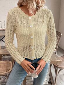 EMERY ROSE Women's Round Neck Hollow Front Button Cardigan, Autumn/Winter Knitted Sweater Jacket - Beige - View 6