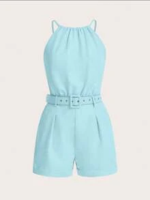 SHEIN LUNE Solid Color Round Neck Pleated Belt Jumpsuit - Light Wash - View 5