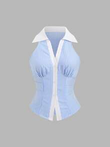 SHEIN Sweetro Áo kiểu nữ không tay cổ chữ V kẻ sọc, thích hợp cho mùa hè. - Màu xanh lam - Xem 1