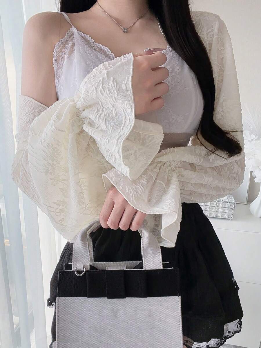 FRIFUL Áo ren nữ gợi cảm tay loe dáng ôm - Màu be - Xem 1