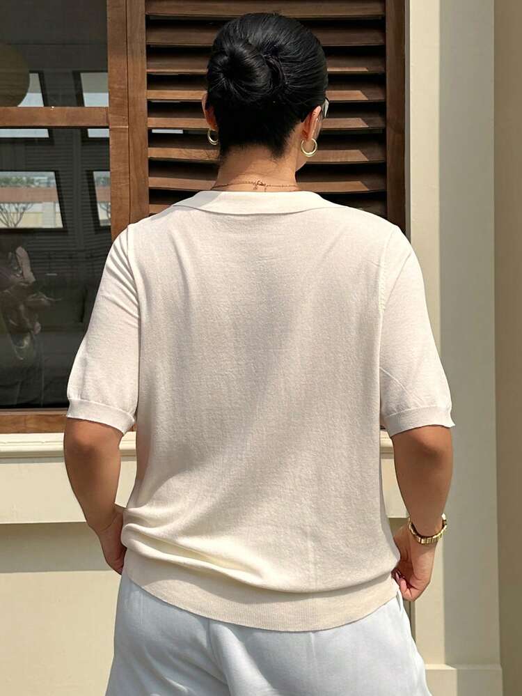 Dazy Plus Striped Loose Patchwork Collar Casual Short Sleeve Knit Top