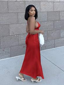 Alexandranx 杏色和白色深V领细肩带超长露背系带缎面美人鱼连衣裙，优雅连衣裙，度假连衣裙，伴娘连衣裙，生日派对连衣裙，毕业礼服，白色连衣裙 - 紅色 - 查看 3