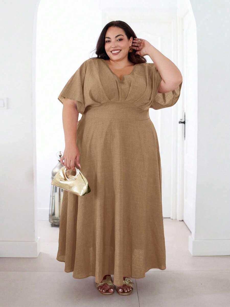 Plus Size V-Neck Solid Color Short Sleeve Casual Dress, Simple & Fashionable For Everyday Wear,Valentine - Khaki - View 1