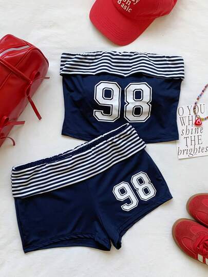 Comfortcana Conjunto de 2 piezas de top bandeau y shorts con estampado sexy #98 para mujer