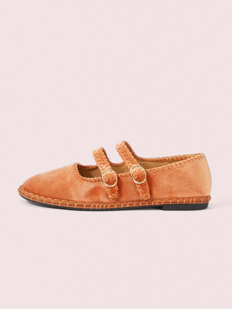 CUCCOO DOLLMOD Women Shoes Brown Double Ribbon Velvet Mary Jane Flats - -36A dark orange - View 1