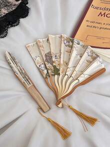 Cirelle 1pc/2pcs With Ink Paintings And Tassels, This Folding Fan Is Perfect For Giving As A Gift. The Bamboo Fan Can Be Folded For Portability. It Embodies The Charm Of Chinese Style And Is Suitable For Giving As A Gift During Festivals. - multicolor - View 8