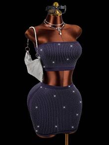 BamGleam Bộ đồ hai mảnh gợi cảm dành cho nữ, thích hợp dự tiệc hộp đêm, gồm áo croptop và chân váy ngắn đính đá màu trơn, kiểu dáng mùa hè. - Màu xanh hải quân - Xem 8