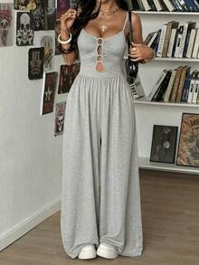 StreetHx Bộ jumpsuit nữ màu đen dáng tối giản với họa tiết hình tròn rỗng, thích hợp cho mùa xuân và mùa thu, trang phục mùa hè cho nữ, áo liền quần nữ mùa hè. - Xám - Xem 3