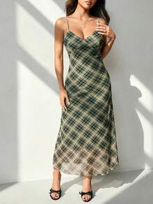 ROMWE PETITE Vestido largo ajustado con estampado de cuadros retro para mujeres - Verde - Ver 8