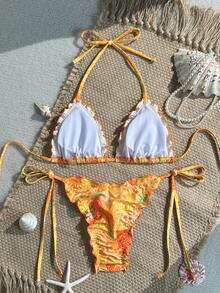 Swim Mod 2-Piece Floral Print Halter Neck Ruffle Trim Bikini Set, Swimwear For Womans Red Orange Summer Boho Beach Holiday Holiday Brazilian Bikini Set - Multicolor - View 2