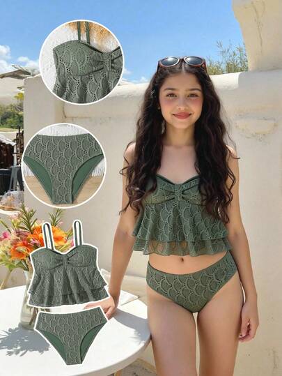 SHEIN Traje de baño de 2 piezas de unicolor con diseño calado, adecuado para la playa, resort y aguas termales