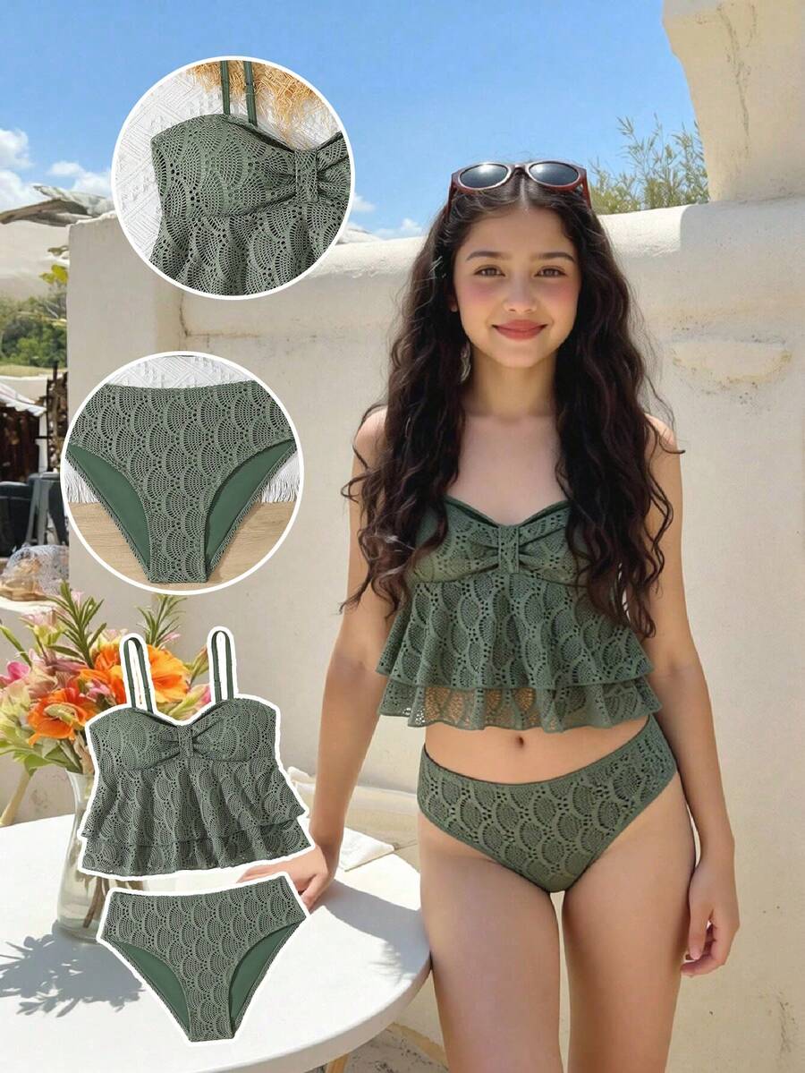 SHEIN 镂空纯色两件式泳衣，适合海滩、度假村和温泉穿着 - 軍綠色 - 查看 1