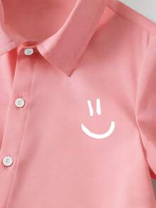 男童休闲卡通笑脸印花短袖衬衫，前开襟纽扣设计，夏季款 - 粉色 - 查看 5