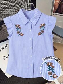 GlowEve Women's Summer Casual Vacation Striped Floral Embroidery Ruffle Armhole Blouse - Blue - View 7