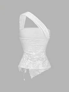 SHEIN MOD White Asymmetric Strap Slim Drawstring Slit Hem Women's Tank Top With Lace – Bohemian, Beachwear, Date, Party, Women's Summer And Spring Wear, Spring Break, Vacation, Picnic, Festival, Birthday - White - View 8