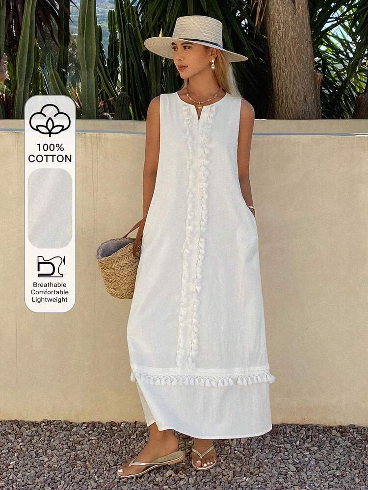 Women's Loose Solid Color Dress With Sleeveless Tassel Hem Decor, Casual Vacation Dress For Spring/Summer Sundress