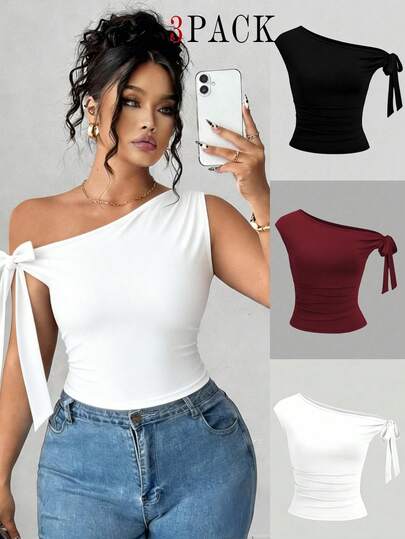 Elenzga 3pcs Women's Casual Solid Color Oblique Shoulder Comfortable T-Shirt Set