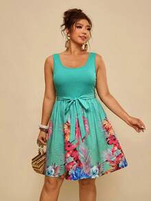 Travachic Women's Plus Size Elegant & Casual Sleeveless Dress With Solid Color And Tropical Coconut Tree Print, Suitable For Vacation, Summer, Tropical Healing - Green - View 7