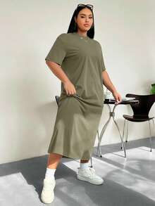 SHEIN EZwear 橄榄绿休闲短袖加大码T恤裙 - 橄欖綠 - 查看 10