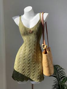 Comfortcana 女士性感针织纹理抹胸连衣裙，适合晚宴、约会、海滩、夏季度假、波西米亚风假日、音乐节、秋冬季等场合。 - 軍綠色 - 查看 6